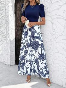 SHEIN Clasi 女士两件套：纯色羊腿袖T恤和绿色印花长裤 - 藍白色 - 查看 6