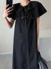 FRIFUL Women's Ruffle Tie Neck Loose Straight Casual Denim Dress - Blue - View 5