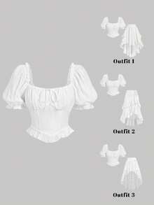 SHEIN MOD Áo kiểu nữ tay phồng màu trơn thanh lịch, mùa xuân/hè, áo kiểu sang trọng cho nữ, ngày lễ, kiểu công chúa, áo kiểu trang trọng, kiểu cướp biển, kiểu Victoria, cổ điển, vintage, lễ hội, tiệc vườn, hẹn hò, dã ngoại, tiệc tùng, dạ hội, phong cách Boho, kiểu miền Tây, áo corset trắng, phong cách Cottagecore - trắng - Xem 3