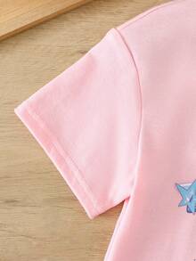 SHEIN 女婴卡通字母印花圆领短袖上衣和裤子休闲套装 - 彩色 - 查看 6