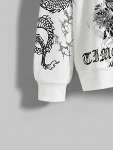 ROMWE Goth Hanorac cu croială lejeră, întunecat, misterios, religios, sacru, nou stil chinezesc, cu dragon, lotus, tigru, viță de vie, trandafir, grafică florală cu plante, hanorac pentru femei - alb - Vizualizare 4