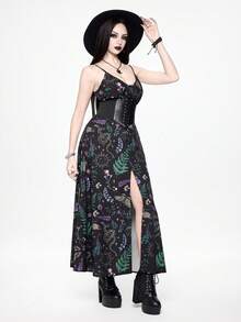 ROMWE Goth 哥特式暗黑蛾叶植物蝴蝶蛇日月星森系吊带低胸性感长裙 - 彩色 - 查看 5