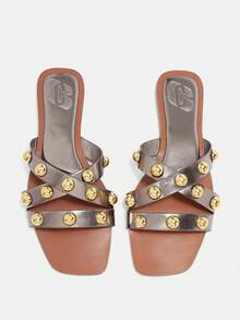 CUCCOO BIZCHIC Sandalias planas de uso diario versátiles y con diseño de remaches para mujer - Gris Oscuro - Ver 6