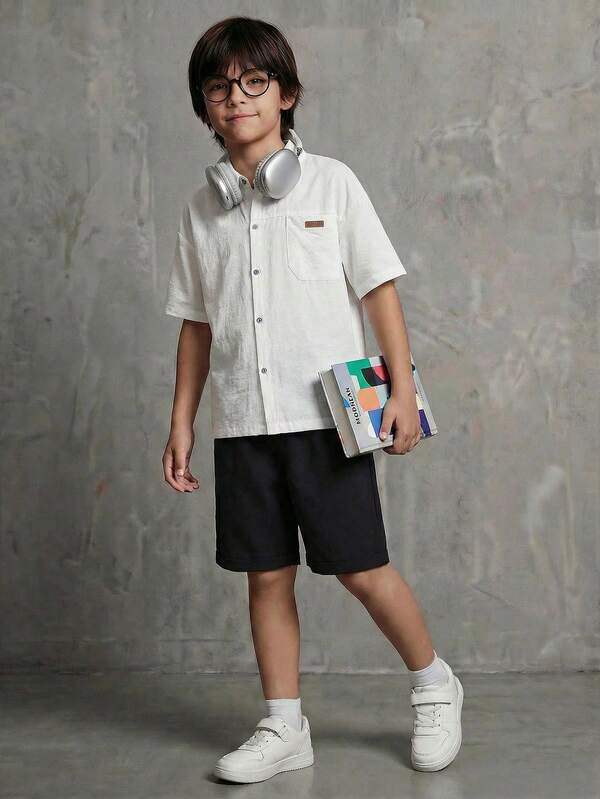 SHEIN Casuvi Kids Summer New Boys Stylish Short Sleeve Shirt + Loose Shorts 2 Pieces Set