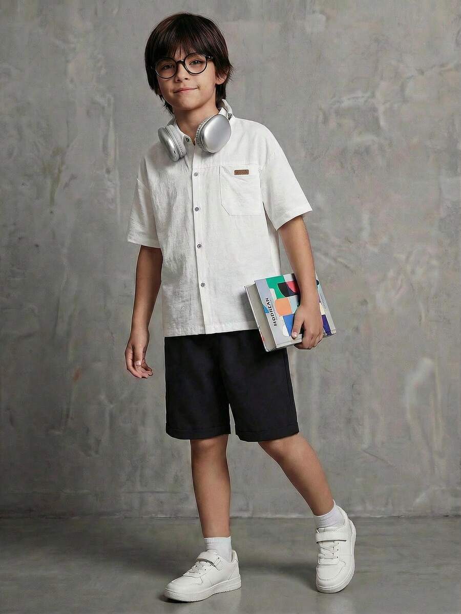 Casuvi Kids Bộ đồ hè mới thời trang cho bé trai: áo sơ mi ngắn tay và quần short rộng rãi. - Đen và trắng - Xem 1