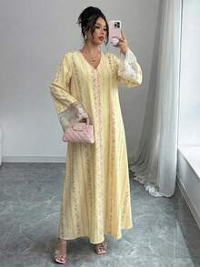 Yasmyna Vestido árabe de manga larga holgado con puño tejido y estampado para mujer - Amarillo - Ver 5