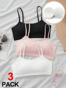 SHEIN 3pcs/Set Teen Girls' Simple Black, White, Pink Comfortable Wireless Bras With Pads, Casual Underwear Ribbed Tube Top Camisole Set Crop Tops Teen Girls Bra Tops Tank Tops With Bras Teen Knitted Ribbed Crop Tops - Multicolor - View 1