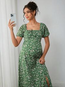 SHEIN Maternity Fashion Print Shirred Dress - Green - View 7