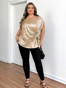 SHEIN CURVE+ 大码女式金属质感圆领蝙蝠袖短袖侧打结优雅上衣 - 金色 - 查看 4
