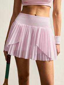 VARSIVA Solid Color Mesh Patchwork Pleated Fashion Sports Mini Skirt - Pink - View 5