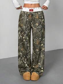 SHEIN PETITE Women's Tree Branch Pattern Wide Leg Casual Pants - Army Green - View 4