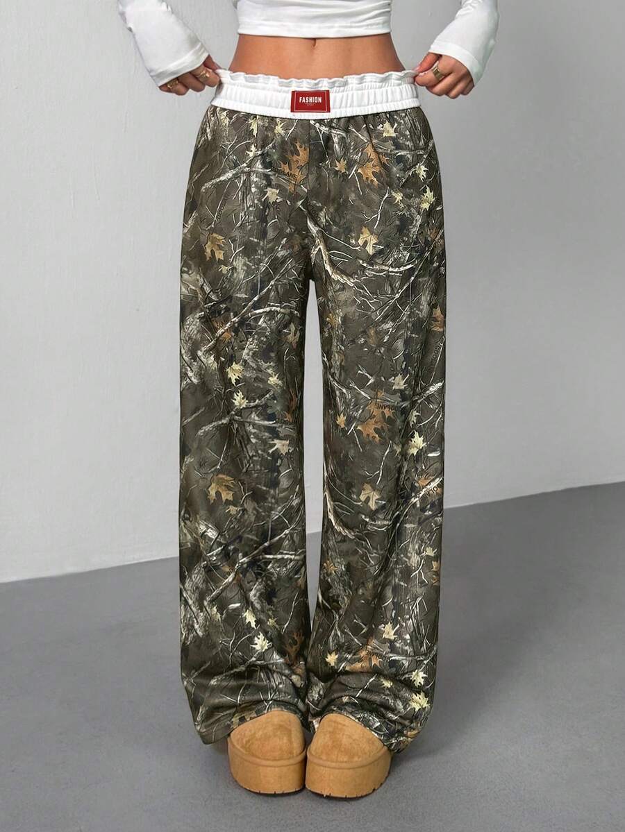 SHEIN PETITE Women's Tree Branch Pattern Wide Leg Casual Pants - Army Green - View 1