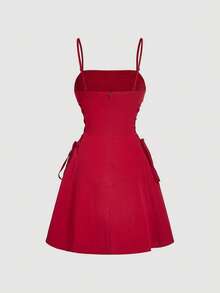 SHEIN MOD 红色约会之夜连衣裙，褶皱胸部系带侧吊带连衣裙 - 紅色 - 查看 7