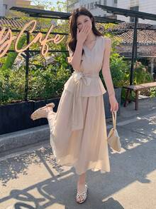 DAZY Bộ 2 món áo và chân váy satin cổ chữ V không tay dành cho nữ, kiểu Hàn Quốc, thanh lịch cho các bữa tiệc, mùa xuân/hè. - Màu be - Xem 5