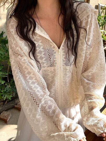 DAZY Women's Casual Hollow Out Vintage Floral Knit Thin Hooded Jacket