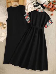 SHEIN Teen Girls Elegant Long Outerwear Co-Ords With Multicolor Floral Print Stand Collar Short Sleeves And Zipper Details For Vacation - Multicolor - View 2