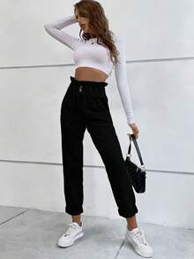 Flexra Jeans de mujer con cintura de bolsa de papel y bolsillos - Negro - Ver 6