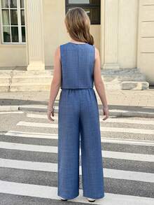 SHEIN Nova Glow Tween Girl Sleeveless Woven Top With Asymmetrical Hem And Buttons, Paired With Relaxed Straight Leg Pants, 2pcs Set, French Elegant And Fashionable Office Wear - Blue - View 3