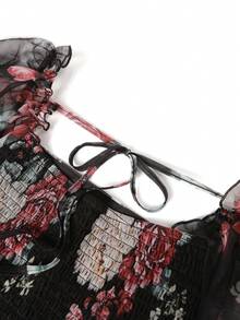 Modelyn Áo kiểu nữ cỡ lớn cổ vuông, eo thon, tay dài, in hoa, chất liệu lưới, kiểu dáng lãng mạn, đa năng. - Nhiều màu - Xem 7