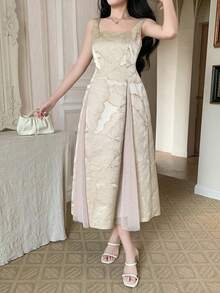 DAZY Women's Elegant Floral Patchwork Colorblock Sleeveless Midi Dress, Spring/Summer Wedding Guest Dress Sundress - Apricot - View 6