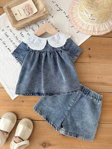 SHEIN 2件套女婴夏季短袖白色刺绣领衬衫搭配短裤，休闲两件套，适合外出和度假 - 藍色 - 查看 2