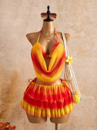 Bellisia 3pcs Ombre Retro Sweet Cute Swimwear Set, Casual Resort Beach Swimwear For Women