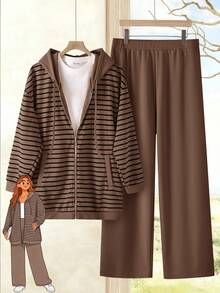 EMERY ROSE 2pc Set  Plus Size Women Casual Striped Hoodie Jacket And Pants Set With Pockets, Spring Break Outfits ,Vacation Outfits Women ,Holiday Outfits For Women,Going Out Outfits,2026 New Clothes,Simple And Fashionable For Everyday Wear,2pcs Plus Size Women Casual Striped Hoodie Jacket And Pants Set With Pockets, ,Women's Lounge Set, Ladies Casual Sets,Holiday Outfits For Women,Spring Outfit Women,2 Pieces Lounge Sets Woman, Striped Set, Lounge Wear,Summer, Brown Set Women, Brown Two Piece, Striped Hoodie Set,Daily Wear - Brown - View 4
