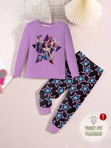 2pcs Girls Cartoon Girl Print Purple Round Neck Top And All-Over Star Print Black Leggings Set, Knitted Stretchy Fabric, Cute & Cool Style, Homewear - Multicolor - View 3