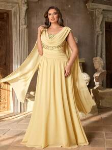 Aureia Đầm chữ A xếp ly bằng chiffon sang trọng, màu vàng kim, cổ bèo nhún, tay loe, cỡ lớn, thích hợp cho đám cưới, tiệc tùng, lễ kỷ niệm, sự kiện trang trọng, dạ hội (Thiết kế đính kết cầu kỳ) - Màu vàng - Xem 7