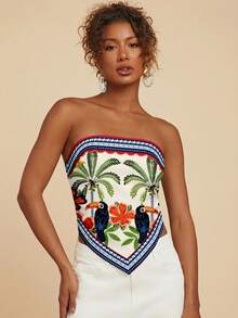 Travachic 休闲度假风巴西热带雨林印花衬衫，图案包括巨嘴鸟、芙蓉花、棕榈树和几何图案，不对称下摆设计，适合夏季度假和海岛穿着。 - 彩色 - 查看 5