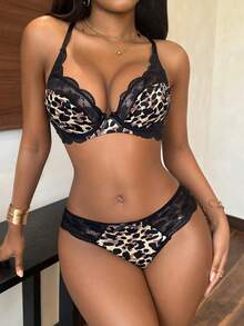 2pcs Women Leopard Print Lingerie Set, Sexy Lace Patchwork Push-Up Bra - Multicolor - View 3