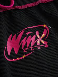 The Winx X SHEIN Women's Drawstring Waist Letter Graphic Lettuce Trim Shorts - Maroon - View 5
