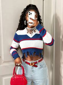 BamGleam Women's V-Neck Long Sleeve Blue White Stripe Ripped Distressed Fringe Pullover Knit Sweater,Autumn Streetwear Everyday Back To School Fashion Casual - Blue and White - View 4
