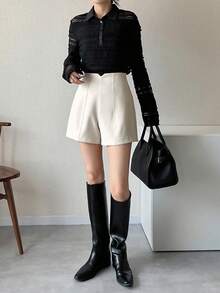 FRIFUL 女士纯色休闲百搭日常短裤 - 米色 - 查看 5
