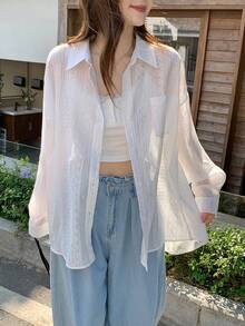 DAZY Áo kiểu nữ dài tay thêu hoa, chất liệu mỏng nhẹ, dáng rộng, thích hợp cho mùa hè. - Màu xanh nhạt - Xem 3