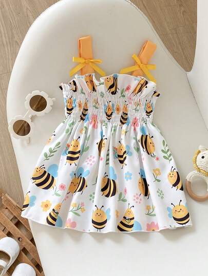 SHEIN Playful Pals Vestido ligero de verano para bebé niña con estampado floral digital colorido, falda plisada con hombros de lazo y elástico, adecuado para uso en casa, salidas, vacaciones y fiestas