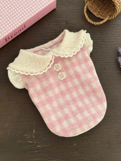 PETSIN 1 Piece Ultra Soft Thermal Lined Warm Layered Pet Vest With Ruffled Neckline Pink Plaid Pattern Cute Stylish Easy To Wear Breathable Suitable For Small Dogs And Cats Yorkshire Terrier Maltese Daily Walks Indoor Companionship Holiday Photo Shoots Autumn Winter Cold Weather Pet Apparel Pet Outfits