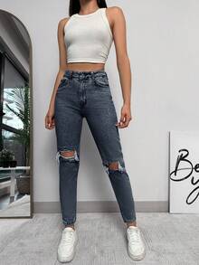 EURMUSE 100%Cotton High Waisted Ripped Jeans - Dusty Blue - View 4