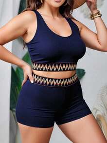 Swim Lushoire Bộ đồ bơi nữ cỡ lớn màu trơn cổ tròn kiểu áo quây và quần cạp cao, gợi cảm, thanh lịch, thoải mái cho mặc hàng ngày, đi biển, nghỉ lễ. - Màu xanh hải quân - Xem 3