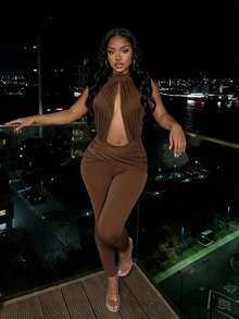 Slaydiva Bộ jumpsuit nữ màu nâu ôm sát, hở lưng, cổ yếm, không tay, kiểu dáng gợi cảm, thích hợp cho các buổi hẹn hò, ngày lễ tình nhân, các buổi hẹn hò, tiệc tùng, tụ họp, kỳ nghỉ, buổi hòa nhạc, câu lạc bộ gợi cảm, hộp đêm, đi chơi hàng ngày, năm mới, tiệc tùng, trang phục ăn sáng muộn, phong cách cô nàng nóng bỏng, kỳ nghỉ. Trang phục dự đám cưới, mùa cưới - B - màu nâu - Xem 13