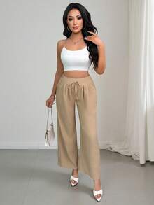 女士纯色腰带褶裥口袋阔腿休闲裤，春夏款 - 卡其色 - 查看 3