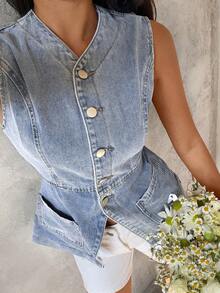Sunnyshic 女士休闲无袖牛仔外套，夏季 - 藍色 - 查看 6