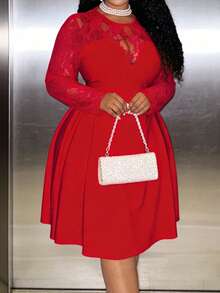 Slaydiva 秋季新款蕾丝拼接修身A字公主风晚礼服，适合情人节约会、生日派对、宴会、返校、日常休闲穿着、邮轮旅行、潮流时尚、优雅大方、通勤、商务休闲等场合 - 红色，大码 - 紅色 - 查看 10