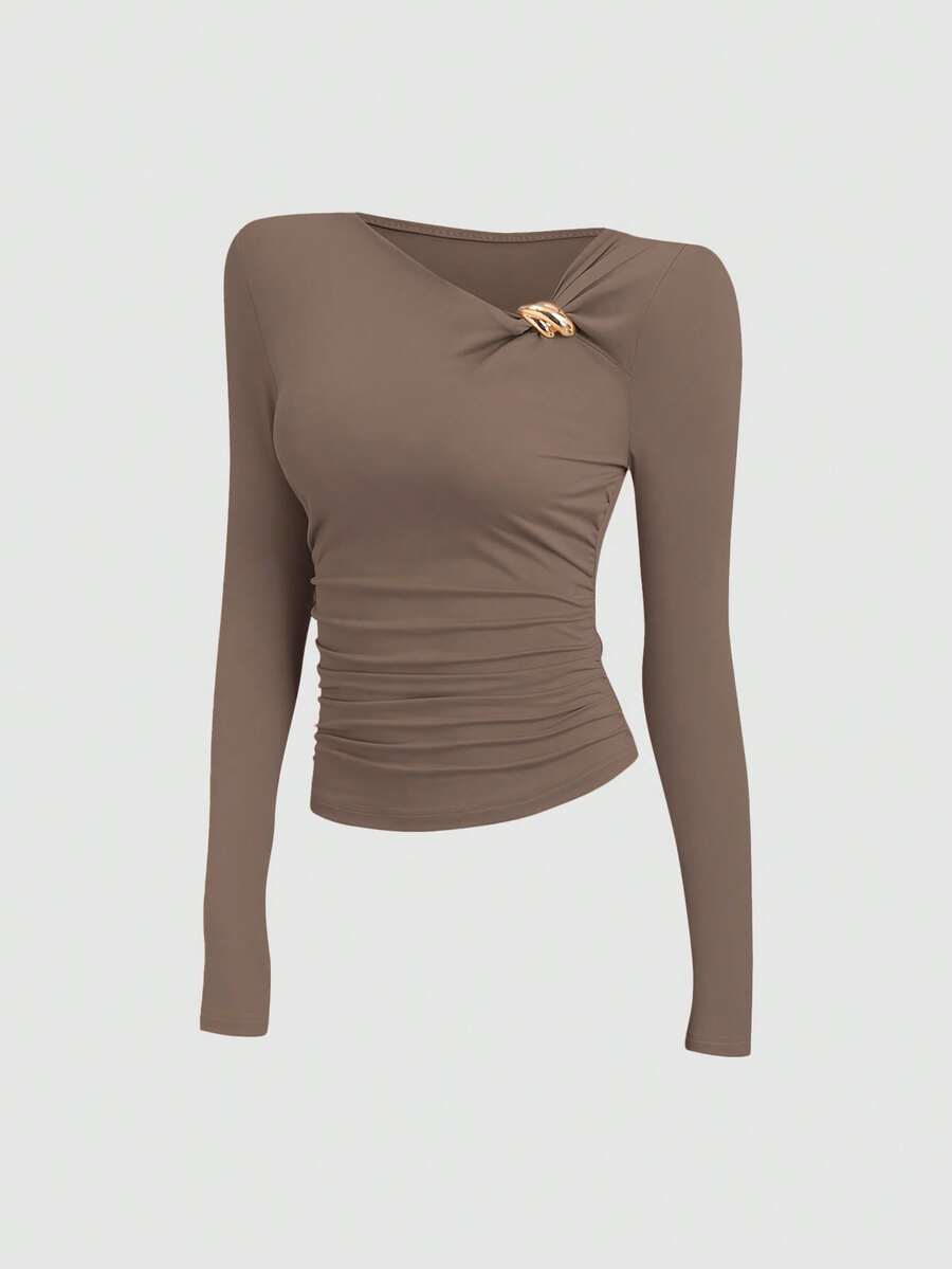 Sweetra Retro American Design Asymmetrical Asymmetric Shoulder T-Shirt, Slim Fit Stylish Women Tee For Autumn - Mocha Brown - View 1