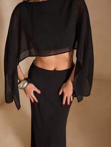 SHEIN BAE 女士黑色长袖披肩领露脐上衣和中腰半裙两件套，春夏款 - 黑色 - 查看 7