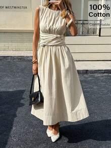 Siren Gaze 女士休闲通勤扭腰无袖中长连衣裙，夏季 - 杏色 - 查看 5