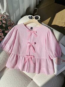 SHEIN EZwear 加大码女士夏季印花荷叶边下摆上衣，饰有蝴蝶结 - 粉色 - 查看 3