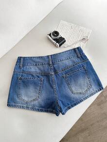 Elamini 女士花卉刺绣口袋休闲百搭牛仔短裤 - 藍色 - 查看 2