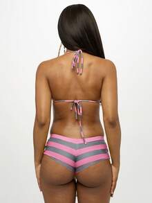 SUMWON WOMEN Bộ bikini tam giác kẻ sọc dành cho nữ, quần buộc dây bên hông, đồ bơi hai mảnh mùa hè đi biển, màu hồng và xám, kiểu yếm cổ. - Nhiều màu - Xem 2