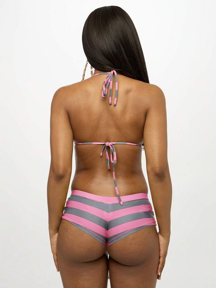 SUMWON WOMEN Women's Striped Triangle Bikini Set With Tie Side Bottoms Summer Beach Two Piece Swimwear Pink And Grey Halter